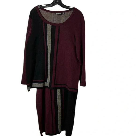 Vintage Two pieces sweater skirt set by Nina  Leonard. Burgundy, block core, - Picture 3 of 15